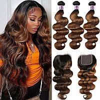 Unice Brown Highlight Body Wave Human Hair 3 Bundles With 4X4 Lace Closure Brazilian Remy Hair Ombre Human Hair Wavy Weaves Fb3