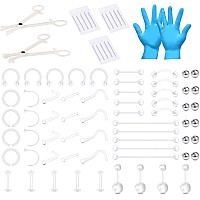 Jiesibao 76Pcs Clear Piercing Kit Retainer14G 16G 18G Piercing Needles For Nose Septum Flexible Bioflex Plastic Cartilage Helix