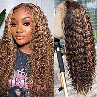 V Show 28 Inch Highlight Water Wave Transparent Lace Front Wigs Human Hair Pre Plucked 28 Inch 180 Density 427 Ombre Colored