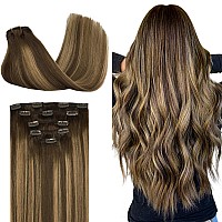 Doores Clip In Human Hair Extensions 5Pcs 75G Balayage Chocolate Brown To Caramel Blonde 16 Inch Hair Extensions Clip In Human