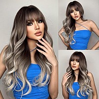 JOOLER Ombre Blonde Wig with Bangs Long Ombre Brown and Blonde Wigs for Women Synthetic Wavy Ash Blonde Wigs for Daily Party 24 Inch Cosplay