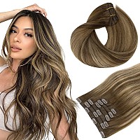 Hotbanana Human Hair Clip In Hair Extensions Balayage Chocolate Brown With Honey Blonde 120G Clip In Hair Extensions Real Human