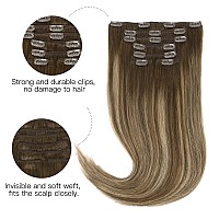 Hotbanana Human Hair Clip In Hair Extensions Balayage Chocolate Brown With Honey Blonde 120G Clip In Hair Extensions Real Human