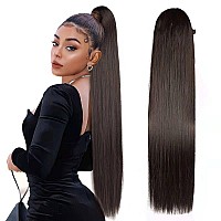 Straight Ponytail Extensions Drawstring Long Ponytail Clip in Hairpiece Synthetic Ponytail Hair Extensions for Black Women(32 Inch #4 Dark Brown, 6.70OZ)