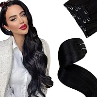 Black Hair Extensions clip in Human Hair 22 inch #1 Jet Black Brazilian clip in Human Hair Extensions Natural Human Hair for Black Women Long Straight Real Hair Extensions 5pcs 80g