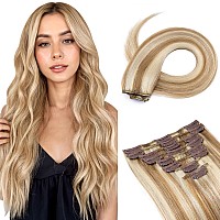 Human Hair Clip In Extensions Balayage Golden Brown Mix Bleach Blonde Highlight Hair Extensions For Women Long Straight Remy Nat