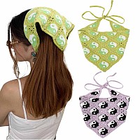 AWAYTR Crochet Bandana Head Kerchief Hair Scarf 2Pcs Knitted Hair Scarves Crochet Hair Kerchief Tie Bcak Headwrap Floral Hair Bandanas for Women Girls Scarf (Tai Chi(Purple+Green))