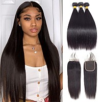 Kapelli Hair Straight Human Hair 3 Bundles With Closure 10A Brazilian Virgin Hair Bundles With Lace Closure 22 24 2620 Virgin