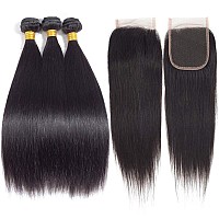 Kapelli Hair Straight Human Hair 3 Bundles With Closure 10A Brazilian Virgin Hair Bundles With Lace Closure 22 24 2620 Virgin