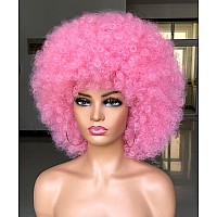 Hihoo Short Afro Wig With Bangs For Black Women Afro Kinky Curly Wig 70S Premium Synthetic Big Afro Wigpink