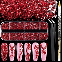 3600Pcs Red Round Rhinestones Flatback 184Mm Flatback For Manicure 6 Multi Sizes Nail Art Shine Crystal Gem Diamond Bling Set