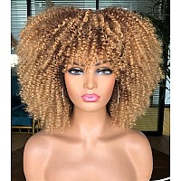 Runm Short Curly Afro Wig With Bangs For Black Women Kinky Curly Hair Wig Afro Synthetic Full Wigsombre Blonde