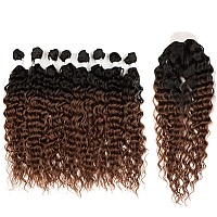 Dbut Water Wave 8 Bundles With Simple Closure Wavy Synthetic High Temperature Fiber Hair Weave 9Pcs 20 Inch 240G Tt1B30 Dar