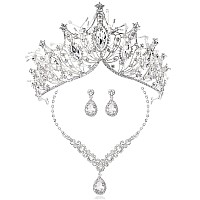 Cocide Silver Jewelry Set For Women Crystal Tiara And Necklace Kit For Girls Rhinestone Crown Earrings Neck Accessories For Brid