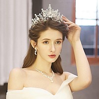 Cocide Silver Jewelry Set For Women Crystal Tiara And Necklace Kit For Girls Rhinestone Crown Earrings Neck Accessories For Brid