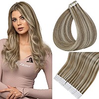 Full Shine Blonde Tape In Hair Extensions 16 Inch Remy Real Human Hair Tape In Color 8 Ash Brown Highlights 60 Platinum Blonde H