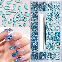 4880Pcs Lake Blue Rhinestones for Nails, Blue Crystal Nail Rhinestones Round Beads Flatback Glass Gems Stones, Multi Shapes Rhinestones 3D Crystals for Nail Art DIY Crafts Clothes Shoes Jewelry