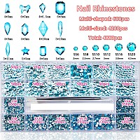 4880Pcs Lake Blue Rhinestones for Nails, Blue Crystal Nail Rhinestones Round Beads Flatback Glass Gems Stones, Multi Shapes Rhinestones 3D Crystals for Nail Art DIY Crafts Clothes Shoes Jewelry