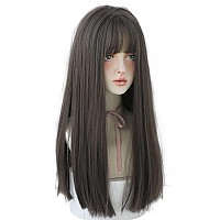 Urcgtsa 22 Inches Long Straight Hair Wig For Women Natural Synthetic Brown Hair Wigs With Bangs Party Cosplay Wig For Girl Ligh