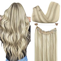 Goo Goo Wire Hair Extensions Human Hair 17A60A Ash Blonde Mix Platinum Blonde Highlighted 16Inch 95G Invisible Wire Hair Exte