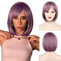 Morica Purple Bob Wigs For Women Short Hair Wig With Bangs Straight Bob Wigs With Middle Part Soft Synthetic Full Wigs For Daily