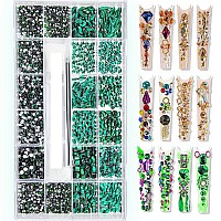 4880Pcs Emerald Green Nail Rhinestones Green Crystals Nail Crystals Diamond Gem Stones Round Beads Multi Shaped Rhinestones Charms for 3D Nail Art DIY Jewelry Crafts Accessories Christmas