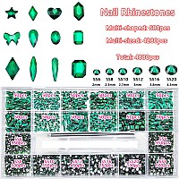 4880Pcs Emerald Green Nail Rhinestones Green Crystals Nail Crystals Diamond Gem Stones Round Beads Multi Shaped Rhinestones Charms for 3D Nail Art DIY Jewelry Crafts Accessories Christmas