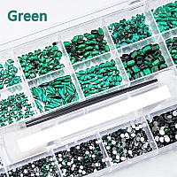 4880Pcs Emerald Green Nail Rhinestones Green Crystals Nail Crystals Diamond Gem Stones Round Beads Multi Shaped Rhinestones Charms for 3D Nail Art DIY Jewelry Crafts Accessories Christmas