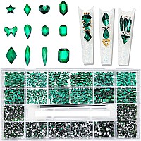 4880Pcs Emerald Green Nail Rhinestones Green Crystals Nail Crystals Diamond Gem Stones Round Beads Multi Shaped Rhinestones Charms for 3D Nail Art DIY Jewelry Crafts Accessories Christmas