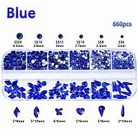 660Pcs Royal Blue Crystals Rhinestones Nail Art Flat Back Round Multi Sized Shapes Blue Gems Rhinestone Stones Beads For Nail Ar