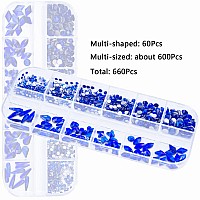 660Pcs Royal Blue Crystals Rhinestones Nail Art Flat Back Round Multi Sized Shapes Blue Gems Rhinestone Stones Beads For Nail Ar