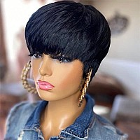 QiaQiaRing Pixie Cut Wigs For Black Women 9A Brazilian Short Straight Human Hair Wigs with Bangs Short Layered Pixie Wigs for Black Women Natural Black Color