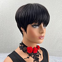 QiaQiaRing Pixie Cut Wigs For Black Women 9A Brazilian Short Straight Human Hair Wigs with Bangs Short Layered Pixie Wigs for Black Women Natural Black Color