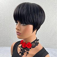 QiaQiaRing Pixie Cut Wigs For Black Women 9A Brazilian Short Straight Human Hair Wigs with Bangs Short Layered Pixie Wigs for Black Women Natural Black Color