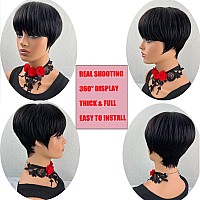 QiaQiaRing Pixie Cut Wigs For Black Women 9A Brazilian Short Straight Human Hair Wigs with Bangs Short Layered Pixie Wigs for Black Women Natural Black Color