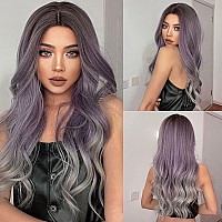 Jooler Long Wavy Middle Part Wig Purple Natural Wigs For Women Heat Resistant Ombre Purple Gray Wig Daliy Party 28 Inch Syntheti