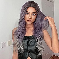 Jooler Long Wavy Middle Part Wig Purple Natural Wigs For Women Heat Resistant Ombre Purple Gray Wig Daliy Party 28 Inch Syntheti