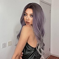 Jooler Long Wavy Middle Part Wig Purple Natural Wigs For Women Heat Resistant Ombre Purple Gray Wig Daliy Party 28 Inch Syntheti