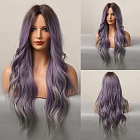 Jooler Long Wavy Middle Part Wig Purple Natural Wigs For Women Heat Resistant Ombre Purple Gray Wig Daliy Party 28 Inch Syntheti