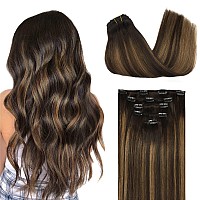 Doores Clip In Human Hair Extensions 80G 5Pcs Light Dark Brown 20 Inch Remy Hair Extensions Clip In Straight Natural Hair Exten