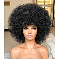 HIHOO Short Afro Wig with Bangs for Black Women Afro Kinky Curly Wig 70s Premium Synthetic Big Afro Wig(Black)