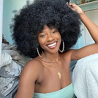 HIHOO Short Afro Wig with Bangs for Black Women Afro Kinky Curly Wig 70s Premium Synthetic Big Afro Wig(Black)