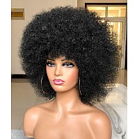 HIHOO Short Afro Wig with Bangs for Black Women Afro Kinky Curly Wig 70s Premium Synthetic Big Afro Wig(Black)