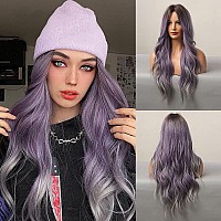 piaou Ombre Purple Wigs for Women Long Wavy Wig Synthetic Wigs Ombre Purple mixed Gray Heat Resistant Fiber Dark Brown Roots Middle Part 26 Inch for for Daily Party Christmas