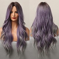 piaou Ombre Purple Wigs for Women Long Wavy Wig Synthetic Wigs Ombre Purple mixed Gray Heat Resistant Fiber Dark Brown Roots Middle Part 26 Inch for for Daily Party Christmas