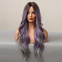 piaou Ombre Purple Wigs for Women Long Wavy Wig Synthetic Wigs Ombre Purple mixed Gray Heat Resistant Fiber Dark Brown Roots Middle Part 26 Inch for for Daily Party Christmas