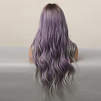 piaou Ombre Purple Wigs for Women Long Wavy Wig Synthetic Wigs Ombre Purple mixed Gray Heat Resistant Fiber Dark Brown Roots Middle Part 26 Inch for for Daily Party Christmas