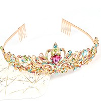 Cocide Gold Tiara For Women Crystal Crown With Colorful Gemstones Rhinestones Hair Accessories For Girl Birthday Party Princess