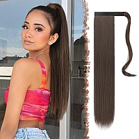 Feshfen Straight Long Ponytail Extensions 24 Inch Chestnut Brown Wrap Around Synthetic Ponytails Hair Piece Pony Tail Hair Exten