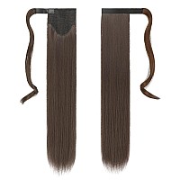 Feshfen Straight Long Ponytail Extensions 24 Inch Chestnut Brown Wrap Around Synthetic Ponytails Hair Piece Pony Tail Hair Exten